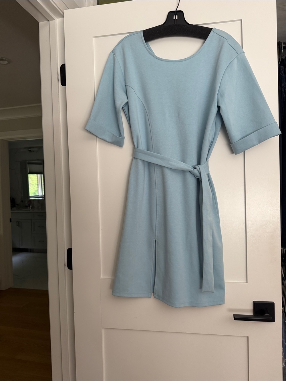 Reserved Light Blue Short Sleeve Belted Mini Dress